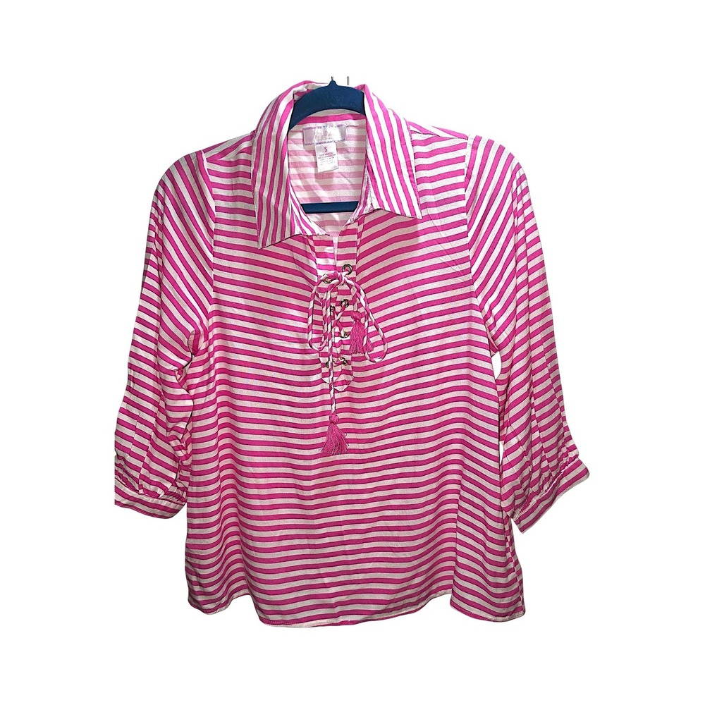 Stella Parker Pink White Striped Lace Up Tassel Tunic Top Womens Small